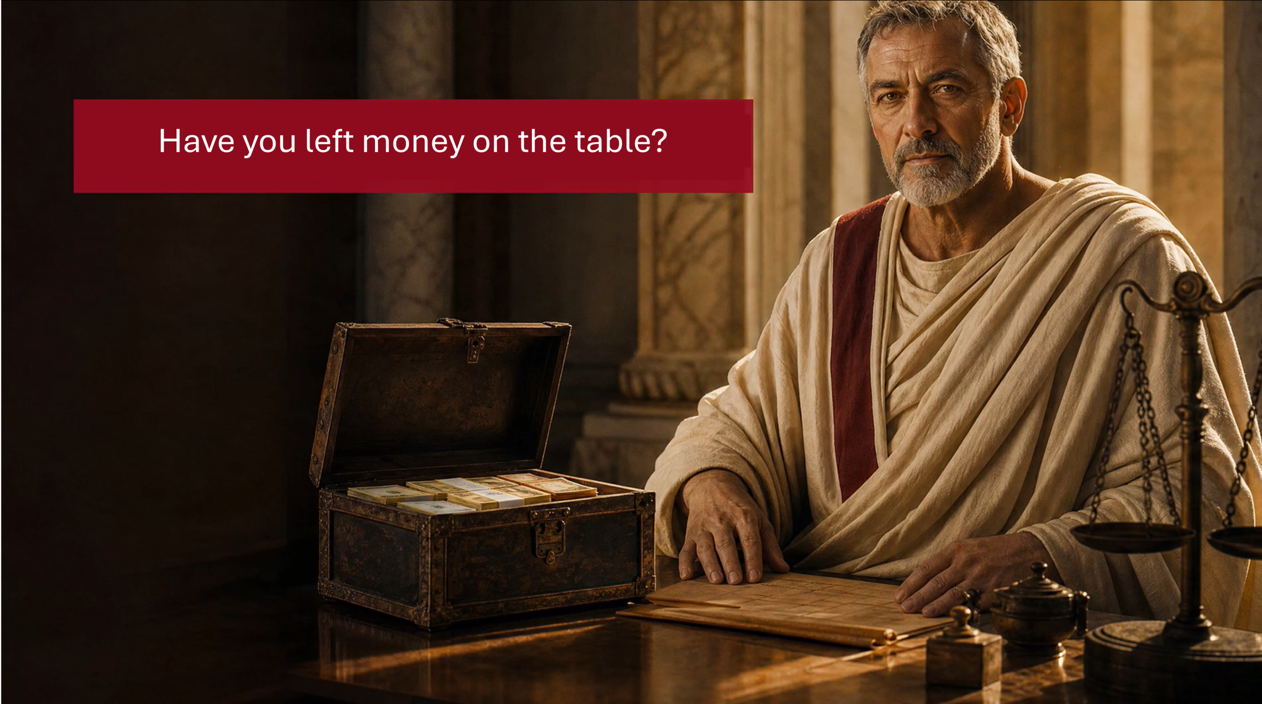 Imperial treasurer at a table with a chest of cash in it from bank deposit account