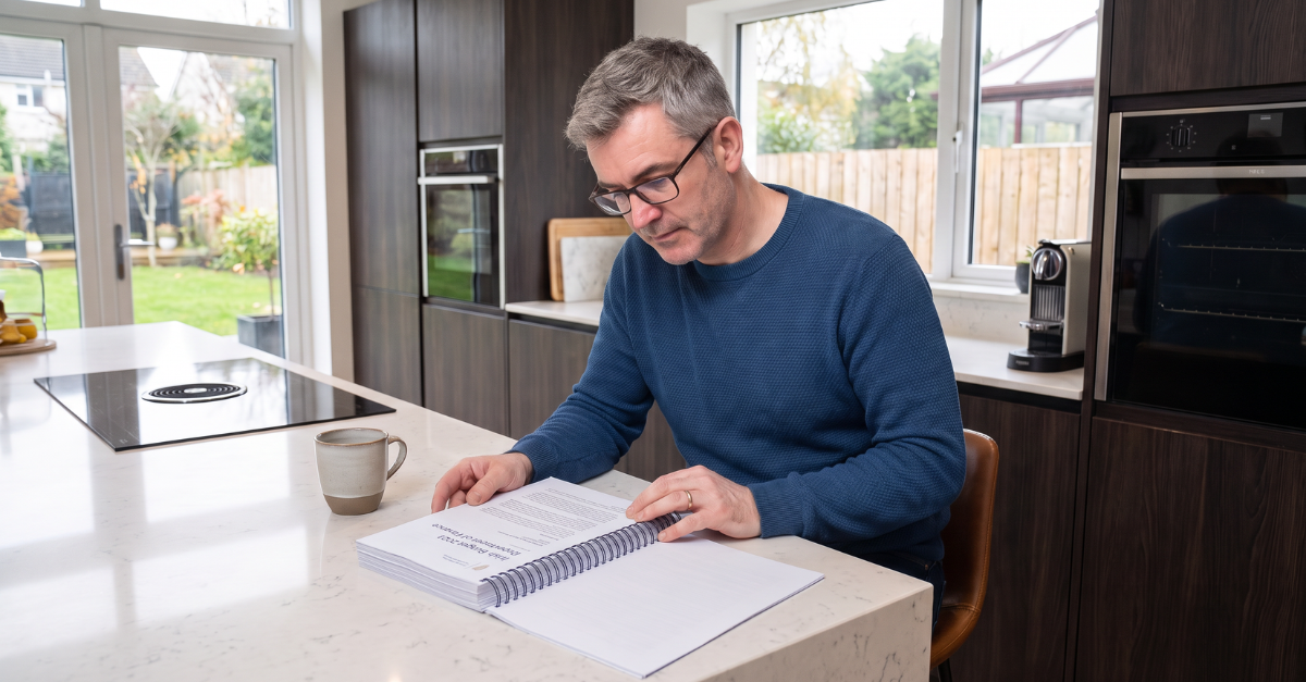 A man studies the Budget 2027 for pension and investment changes in his kitchen